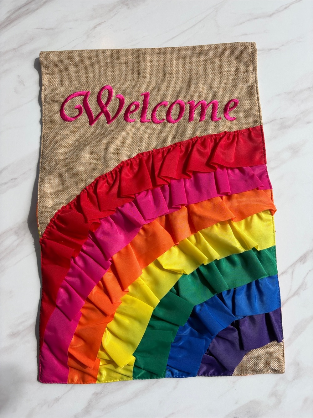 🌈2 sided Welcome Rainbow Pride Ruffled Garden Flag 12”x18” outdoor